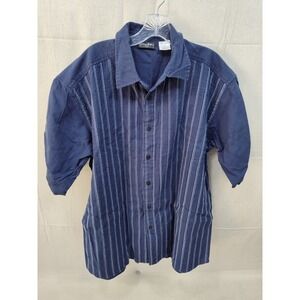 Sean John Mens L Navy Blue Striped Linen Cotton Short Sleeve Button Down Shirt